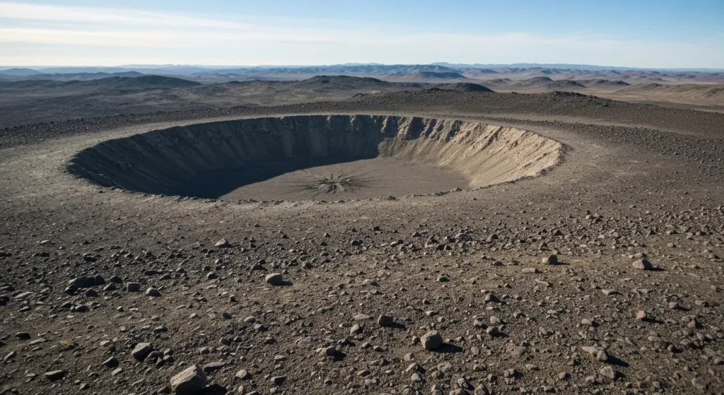 Peisajul arid și stâncos al Insulei Devon, cu un crater de impact vizibil în fundal.