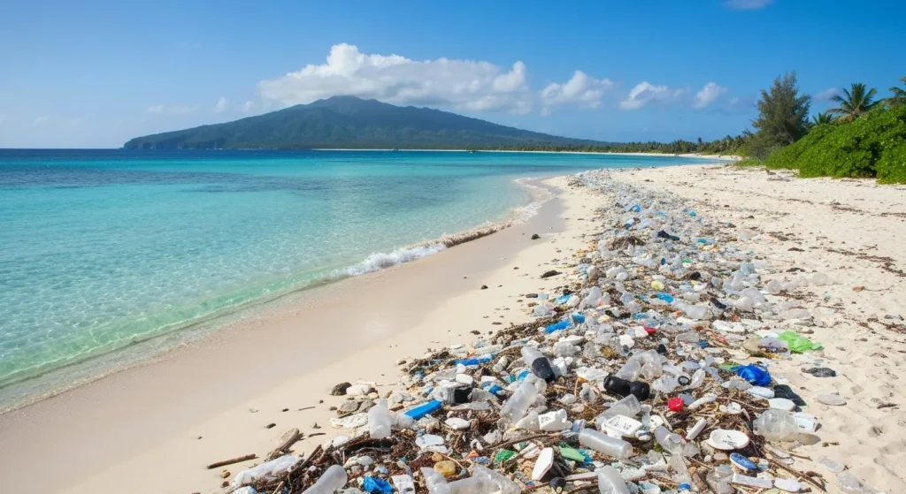 Plajă tropicală poluată cu o cantitate mare de deșeuri din plastic.
