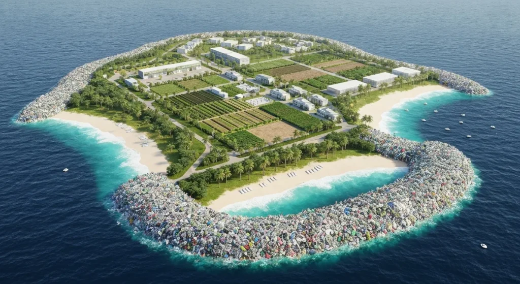 Insulă artificială mare, plutitoare, construită din plastic reciclat din Oceanul Pacific, cu plaje și structuri.
