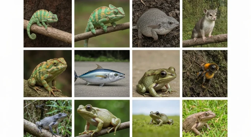 Diverse specii de animale amenințate cu extincția, inclusiv un cameleon, un ton roșu, o albină și o broască.