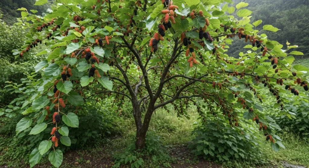 Un arbore matur de dud roșu (Morus rubra) cu frunze mari, zimțate și fructe abundente, negre-roșiatice.