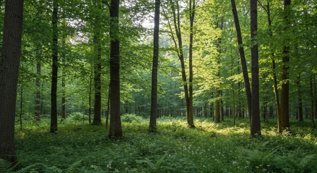 O pădure matură cu un baldachin dens, arbuști și plante cu flori pe podeaua pădurii.
