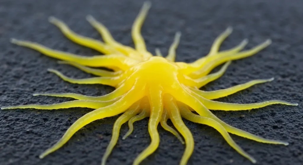 O masă galbenă, vâscoasă de Physarum polycephalum se extinde pe o suprafață întunecată și umedă, cu ramuri asemănătoare tentaculelor.