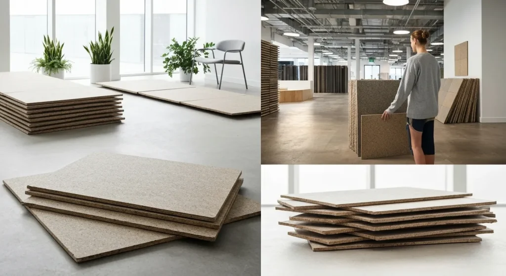 O imagine cu produse Interface din materiale reciclate, evidențiind eforturile companiei de sustenabilitate.