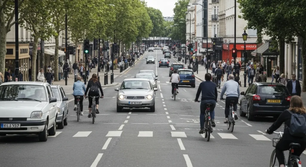 O imagine a unui oraș vibrant, cu mulți pietoni și bicicliști, și puține mașini vechi în fundal.