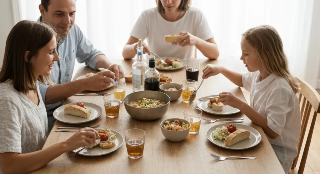 O familie se bucură de o masă acasă, cu mâncare simplă servită pe farfurii reutilizabile.