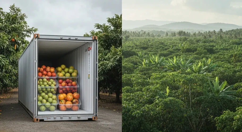 O navă cargo refrigerată transportă containere cu fructe tropicale, alături de un câmp de plante de banane în Costa Rica.