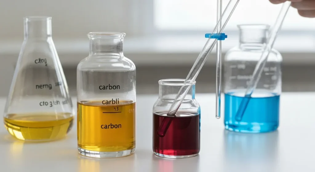 Un experiment științific în laborator, cu eprubete care conțin lichide colorate și etichete cu izotopi de carbon.