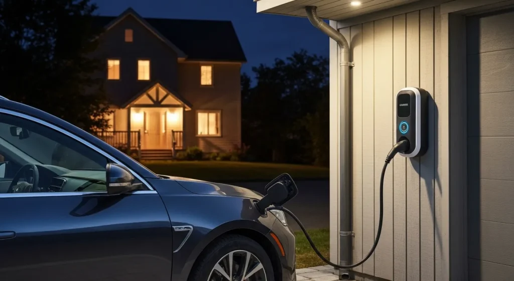 O mașină electrică se încarcă peste noapte la o stație de încărcare de Nivel 2 instalată într-un garaj.