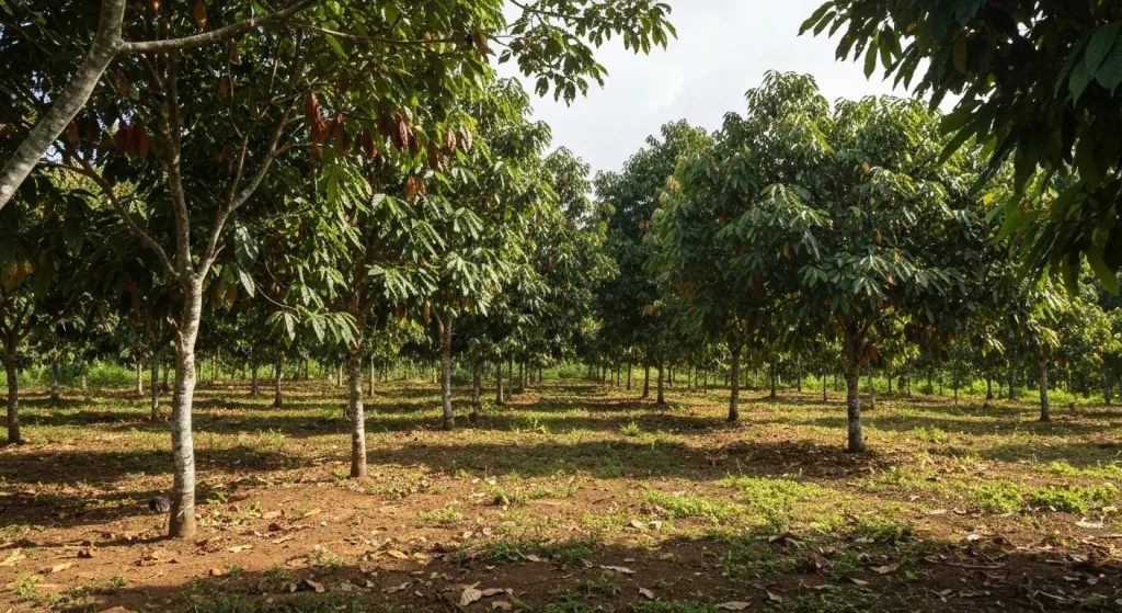 O imagine cu o plantație de cacao în Madagascar, cu arbori de cacao, alți arbori de umbră și diverse plante, inclusiv banane.