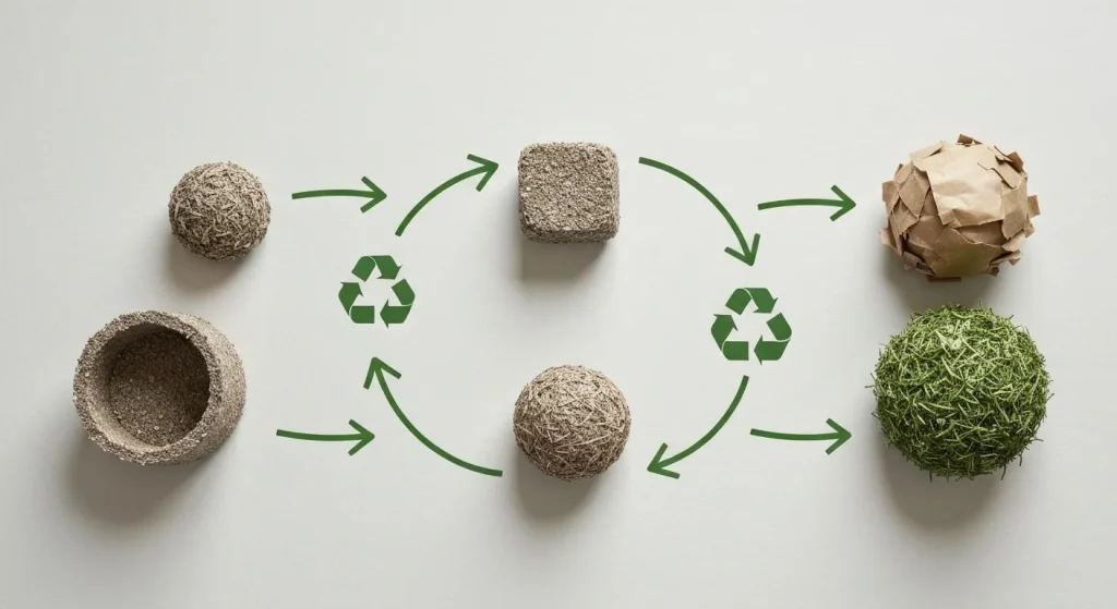 Imagine ilustrând principiile economiei circulare, cu produse reciclate care intră într-un sistem de producție și consum sustenabil.