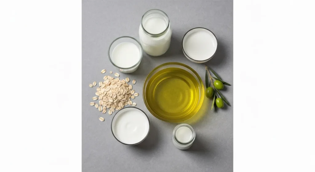 Diverse ingrediente alimentare, cum ar fi lapte, iaurt, ovăz și ulei de măsline, aranjate estetic pentru a ilustra utilizarea lor ca produse de curățare facială naturală.