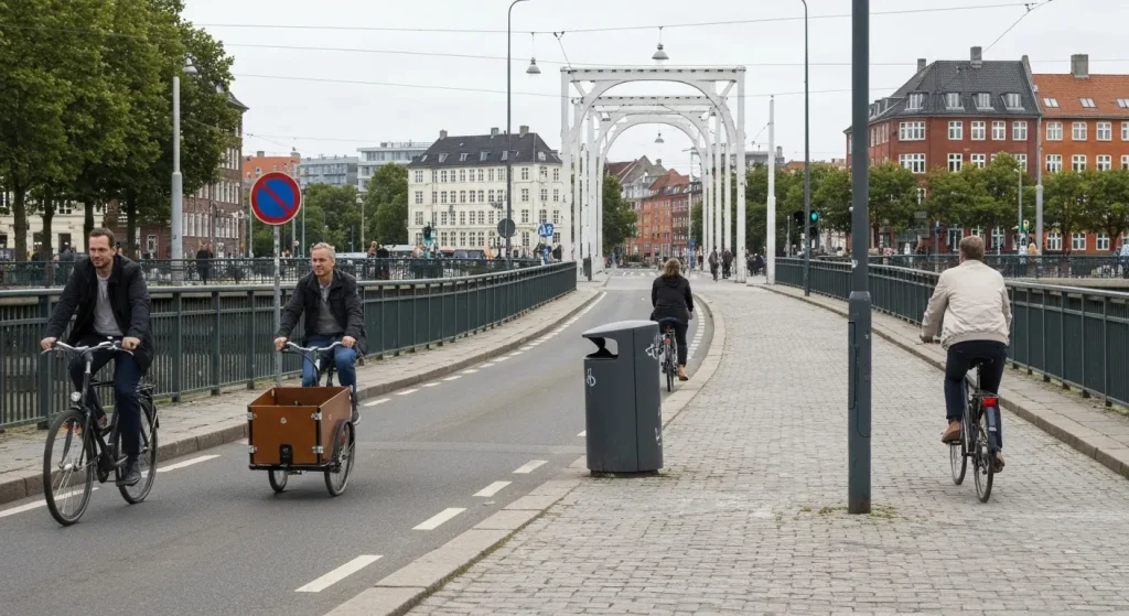 O stradă din Copenhaga cu bicicliști care circulă pe piste dedicate, unii cu biciclete de marfă, alături de infrastructură urbană adaptată pentru bicicliști.