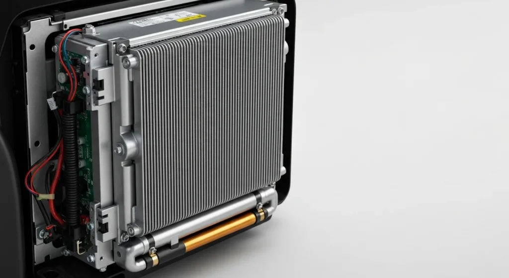 Un invertor/convertor din interiorul unui vehicul electric, cu componente electronice și un sistem de răcire.