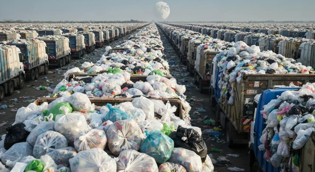 O linie lungă de camioane de gunoi pline, întinzându-se până la orizont.