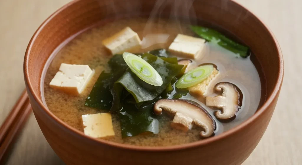 Un bol de supă miso vegană cu tofu, alge și ciuperci shiitake.