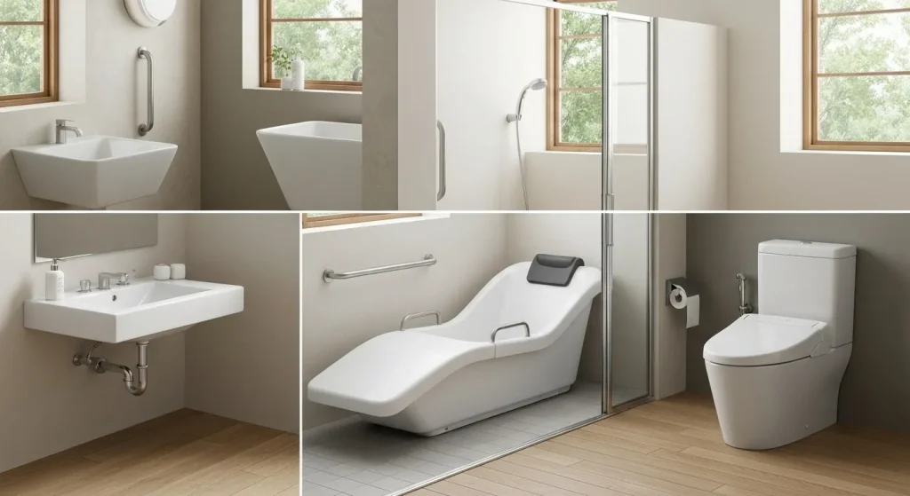 Un design inovator de chiuvetă, cadă și toaletă, care prioritizează ergonomia și igiena.