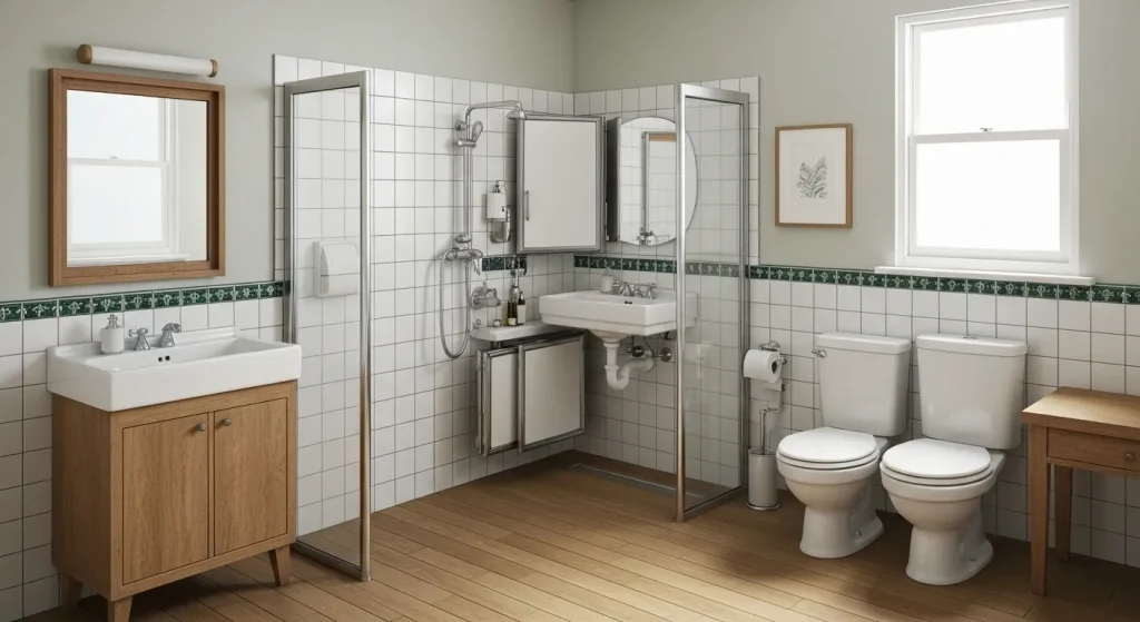 O baie prefabricată compactă, cu chiuvetă și toaletă pliabile, ilustrând un design inovator, dar potențial neconfortabil.