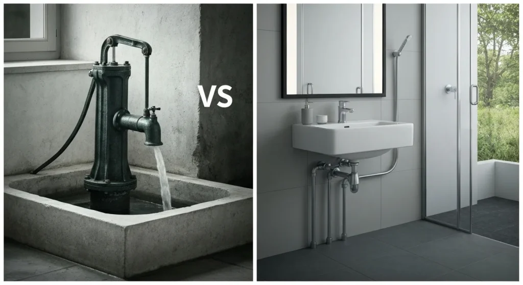 O comparație între o pompă de apă publică veche și o baie modernă, evidențiind progresul în igienă și design.