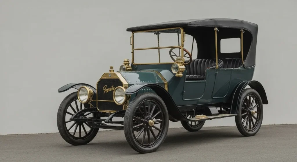 Un vehicul electric din anii 1890, cu o caroserie elegantă și roți cu anvelope, parcate pe o stradă pavată.