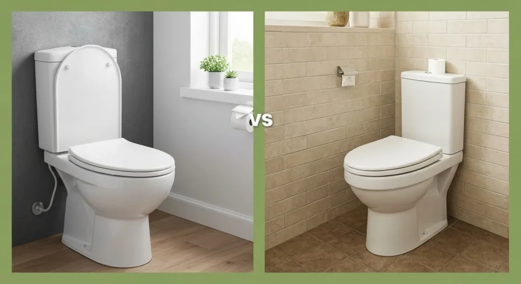 O comparație între o toaletă convențională și o toaletă cu compostare, evidențiind diferențele de design și funcționalitate.