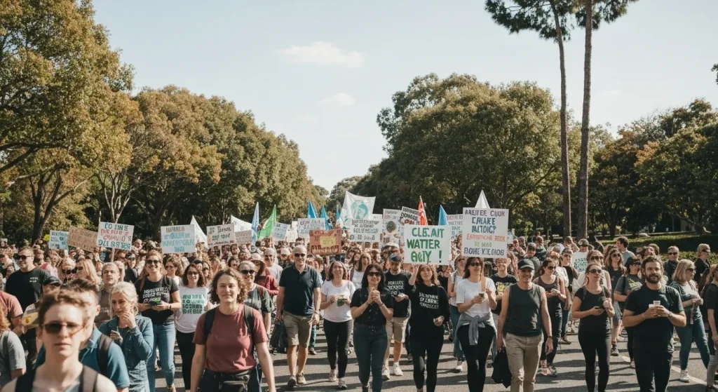 Un grup mare de oameni participă la un eveniment al Zilei Pământului, ținând pancarte și manifestându-se pentru protejarea mediului.