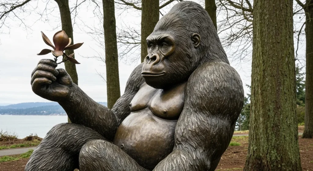 Statuie din bronz a unei gorile în poziție relaxată, lângă copaci, cu vedere la un golf.
