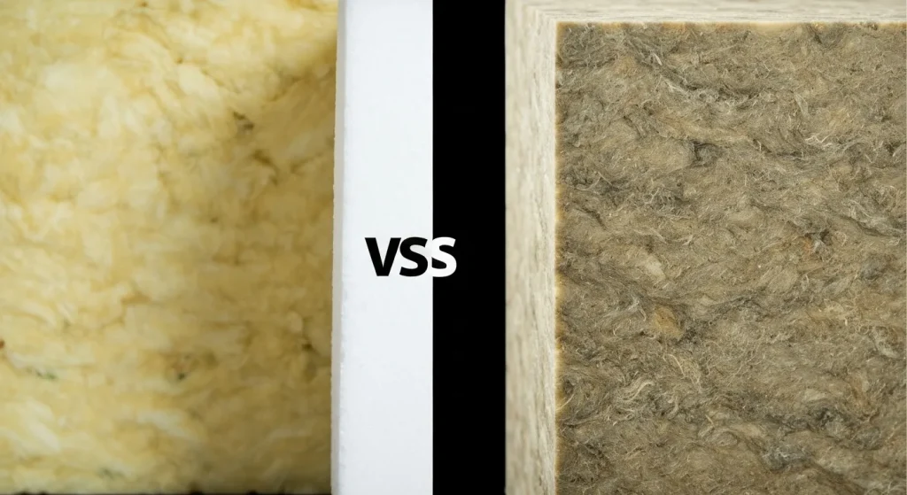 O comparație între materiale de construcție ecologice, arătând panouri de izolare din polistiren și alternative mai sănătoase, cum ar fi lâna minerală rigidă.