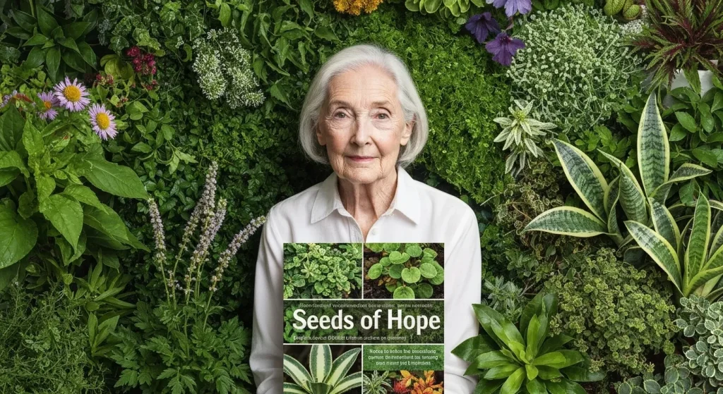 O fotografie cu Jane Goodall înconjurată de diverse plante, cu un fundal care sugerează o grădină sau un habitat natural.
