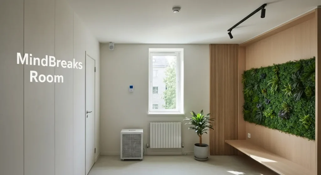 Interior modern al unei case, cu o cameră dedicată bunăstării, având un perete verde și o fereastră.