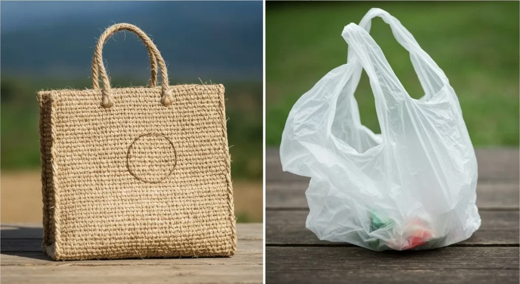 O imagine a unor pungi din fibră de sisal și a unor pungi de plastic, contrastând materialele și utilizările lor.