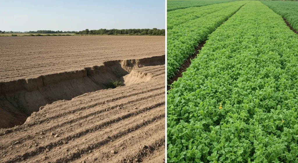 Imagini comparative ale unor terenuri agricole: un peisaj arid și degradat alături de un peisaj luxuriant și verde, rezultat al agriculturii regenerative.