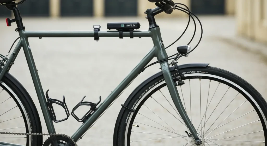 Un kit de conversie pentru biciclete electrice montat pe o roată din față, cu o baterie detașabilă atașată la ghidon.