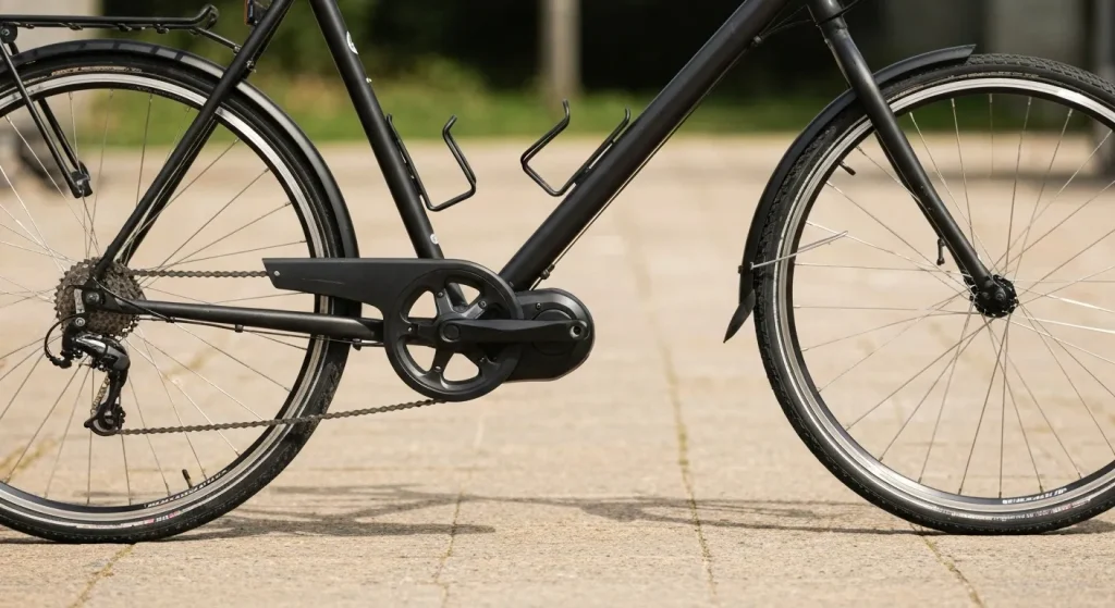 Kit de conversie bicicletă electrică EAZY Bike atașat sub suportul de jos al bicicletei, cu baterie detașabilă.