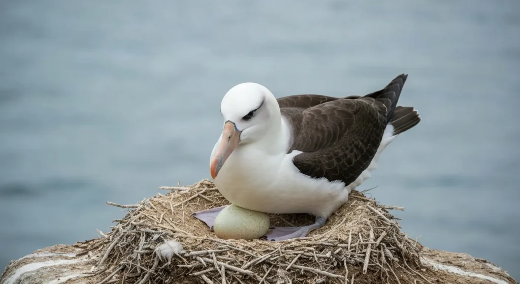Un albatros Laysan adult pe un cuib, depunând un ou.