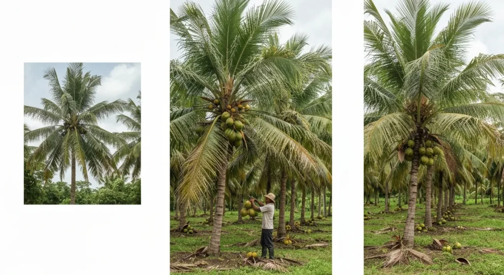 Un muncitor culege nuci de cocos dintr-un palmier, într-o plantație ecologică.