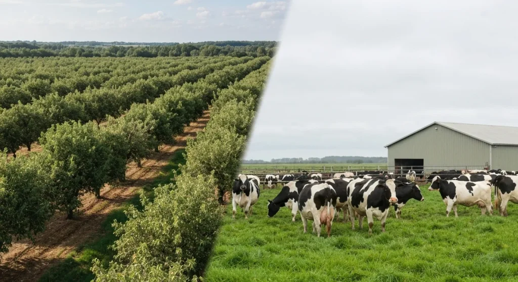 O comparație vizuală între o livadă extinsă de migdali și o fermă de vaci de lapte, ilustrând impactul asupra mediului al producției de lapte de migdale și lapte de vacă.