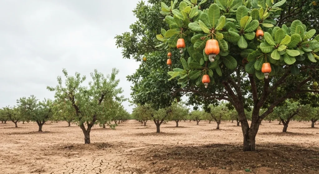 Comparatie vizuală între un arbore de caju bogat în fructe și un arbore de migdale într-un peisaj arid.