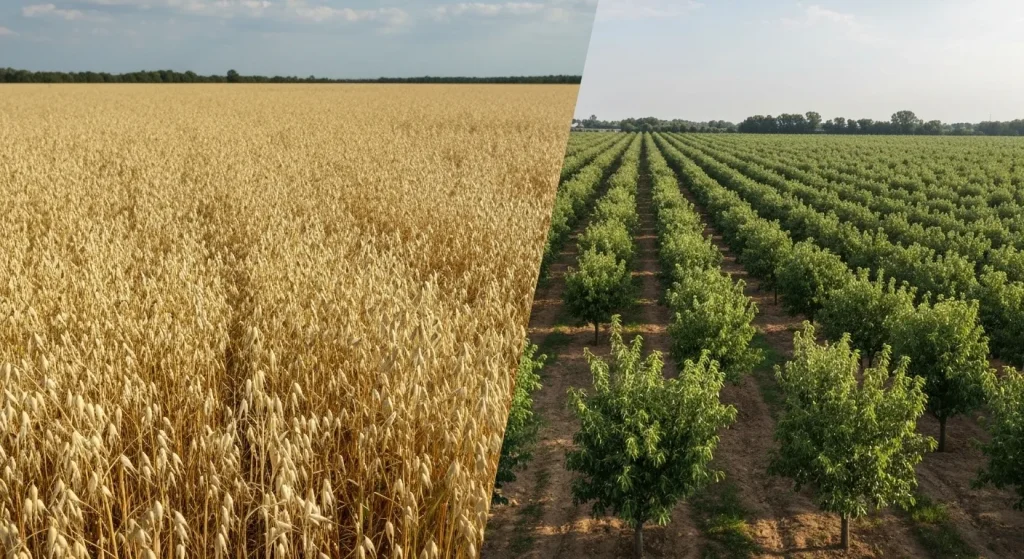 Un câmp întins de ovăz și o livadă mai mică de migdali, ilustrând diferența de utilizare a terenului în cultivarea celor două plante.