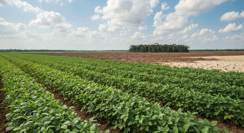 O comparație vizuală între o plantație de soia extinsă și o porțiune de pădure amazoniană defrișată, cu un contrast accentuat pe uscăciunea solului din fundal.