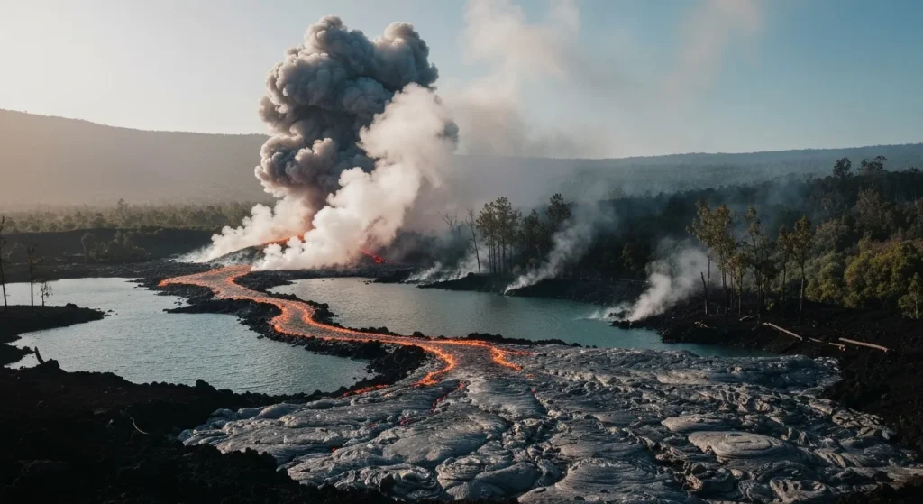 Flux de lavă de la vulcanul Kilauea acoperind un lac, cu aburi vizibili.