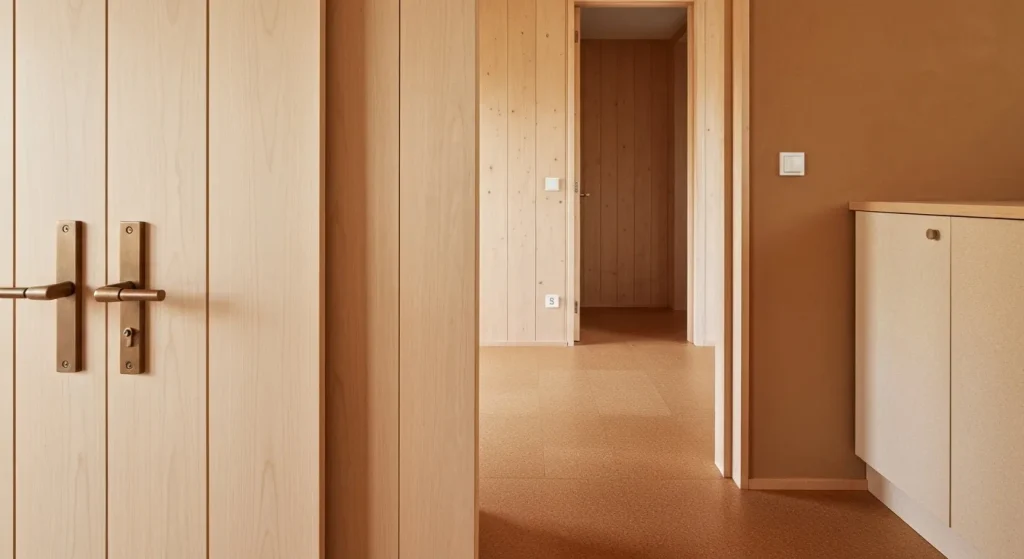Interiorul unei case cu mânere de alamă, podea din linoleum și pereți din lemn, design minimalist pentru curățenie ușoară.