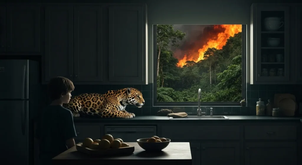 Un băiat într-o bucătărie întunecată se confruntă cu un jaguar, pe fundal fiind vizibilă o pădure tropicală distrusă de incendii.