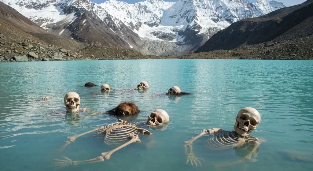 Schelete umane vechi, parțial îmbrăcate, vizibile în apele cristaline ale unui lac glaciar din Himalaya.