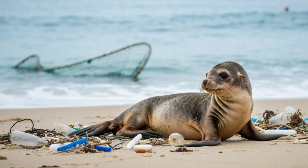 Un pui de leu de mare australian slab, pe o plajă murdară cu deșeuri de plastic, lângă o plasă de pescuit.