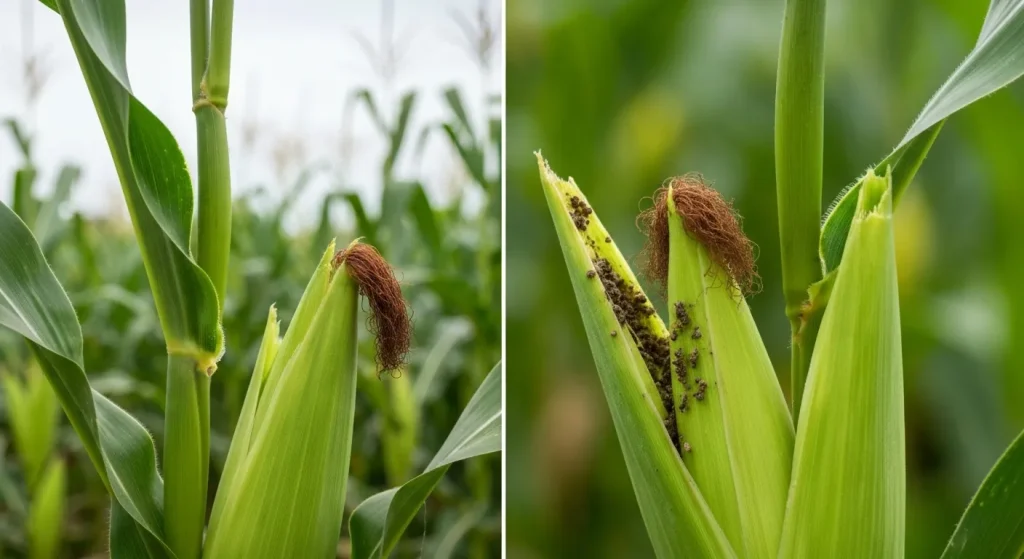 Un câmp de porumb, cu o parte protejată de o plasă care împiedică liliecii să ajungă la plante.