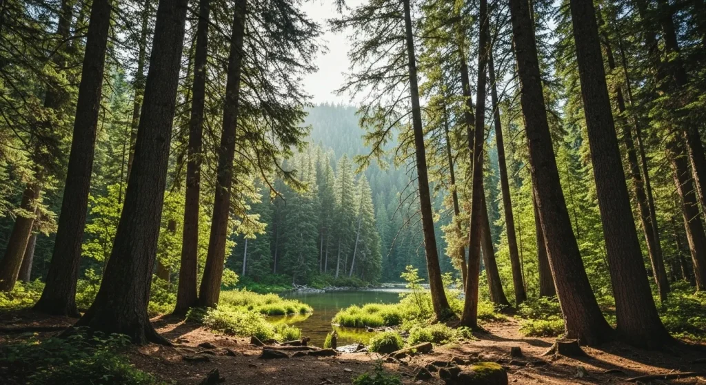 O imagine a unei păduri naționale americane, cu copaci înalți, un râu liniștit și vegetație luxuriantă.