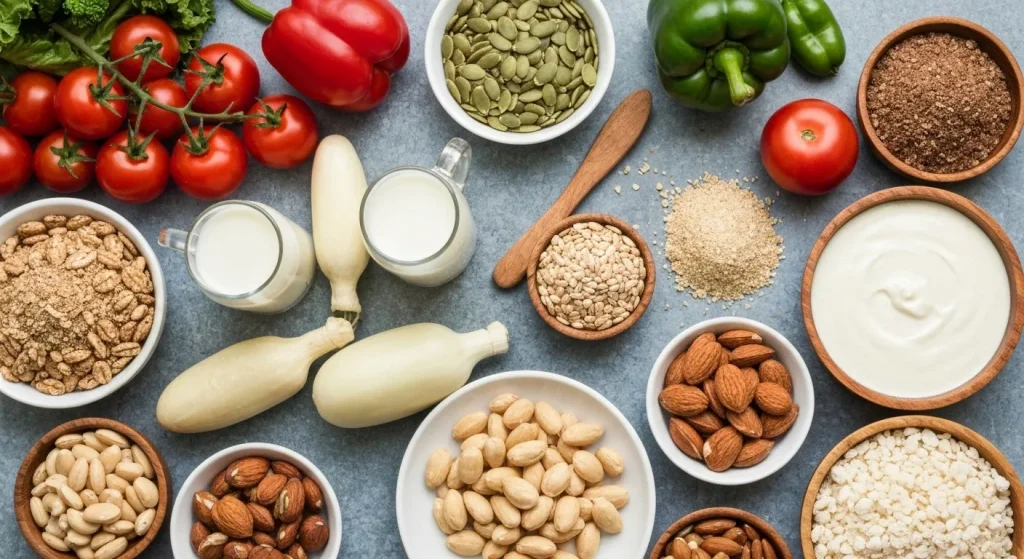 O varietate de produse alimentare vegane, inclusiv lapte vegetal, legume, nuci, semințe și alte ingrediente, aranjate într-un mod atrăgător.