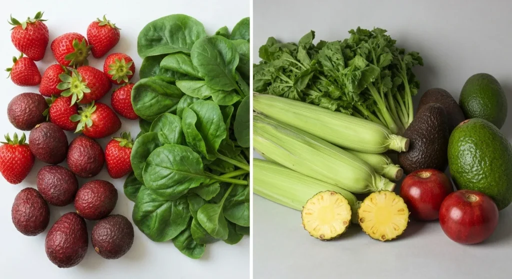 O comparație între fructe și legume cu niveluri ridicate și scăzute de reziduuri de pesticide, evidențiind diferențele vizuale.