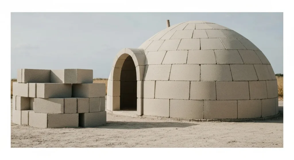 O casă cu formă de dom, construită din blocuri ușoare de AirCrete, cu o textură vizibil poroasă.